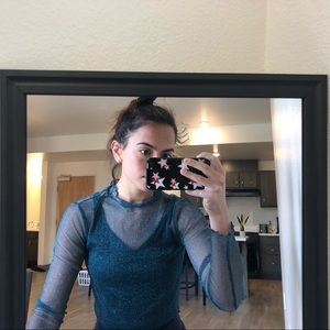 mesh sparkly mock neck long sleep top